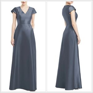 NWT Alfred Sung Cap Sleeve V-Neck Satin Gown with Pockets Silverstone Size 0 NEW